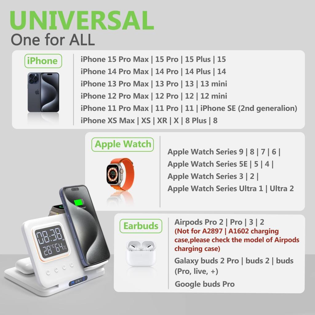 Foldable Travel 3 in 1 Wireless Charging Station for Multiple Devices Apple with Clock, Fast Wireless Charger Stand for iPhone 16 15 14 Pro Max 13