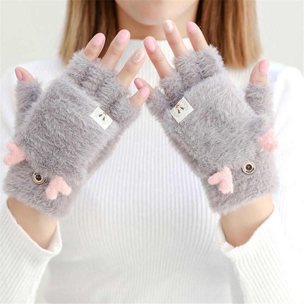Half-Finger Flip Winter Gloves Soft Antlers Knit Mittens Cute Student Writing Gloves