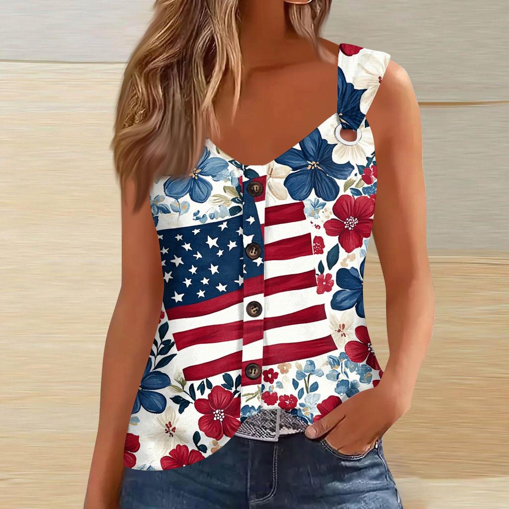 Women's Fashion Casual Loose Sleeveless Buttoned V-Neck Independence Day Printed T-Shirt Top