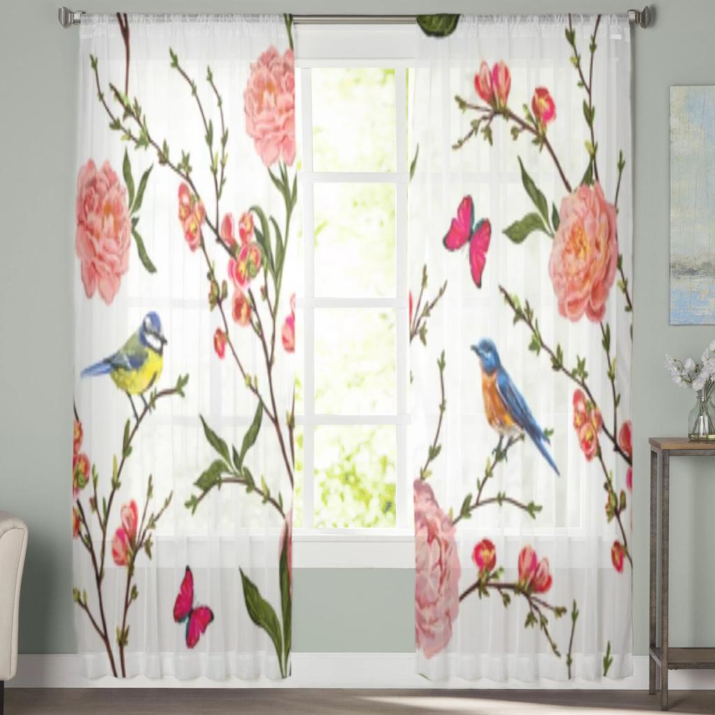 Vögel Schmetterling Pfingstrose Blume Sheer Fenster Vorhänge für Wohnzimmer Schlafzimmer Moderne Voile Tüll Vorhänge Stoff Vorhänge für Küche
