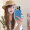 Kawaii Blue Yellow Line Floral Clear Phone Case With Matching Wrist Strap For iPhone 14 15 16 17 Pro Max INS Cute Shockproof Cov