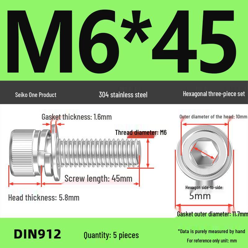 304 Stainless Steel Hex Socket Cap Screw with Washer - Sizes M3, M4, M5, M6, M8, M12