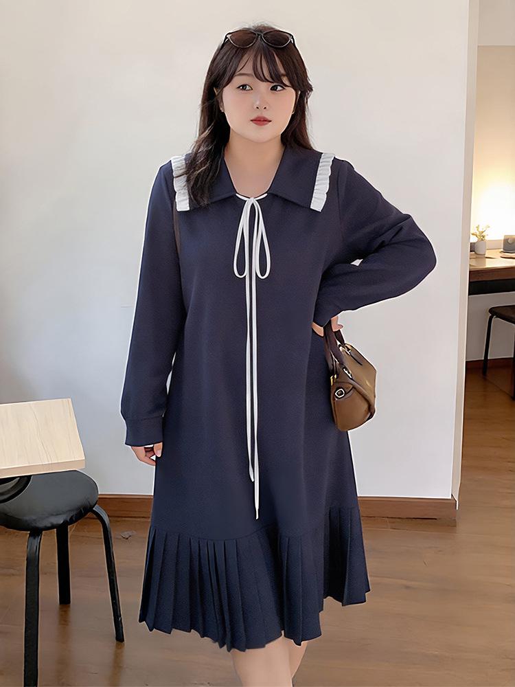 Plus Size Women's College Style Doll Collar Pleated Dress for Spring & Autumn (130-320 Jin)