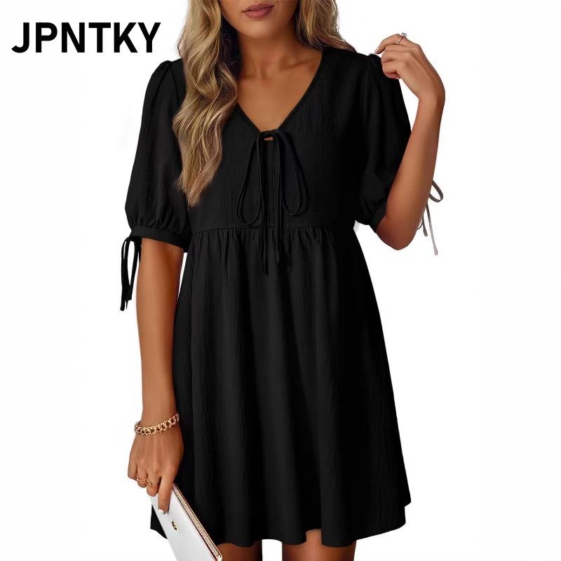 JPNTKY Moda para Mujer Verano Primavera Color Sólido Estampado Manga Corta Cuello en V Vestidos Casuales