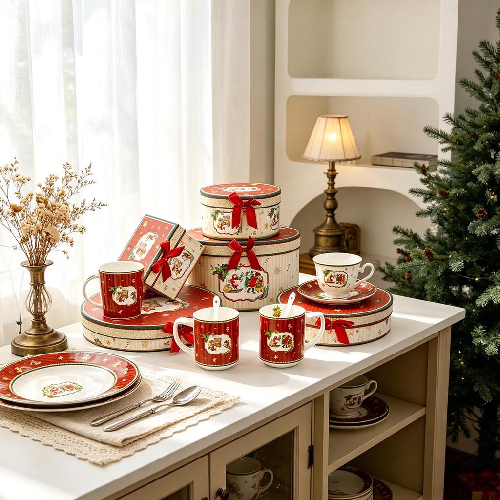 Festive Ceramic Christmas Tableware & Tea Set with Decorative Ornaments