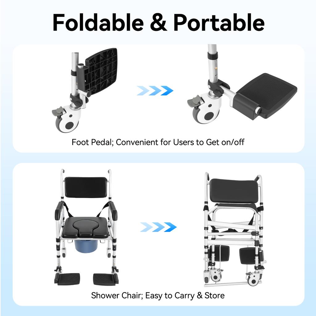 Adjustable Shower Chair for Elderly, Foldable Toilet Commode with Wheels, Heavy Duty Bath Bench with Safety Belt