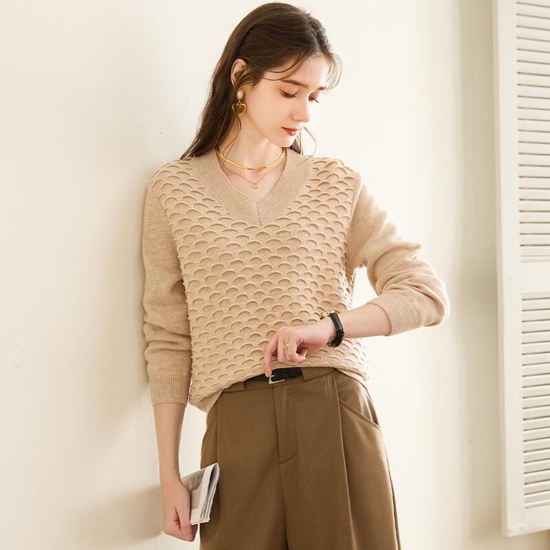 TUHUANG Women's Pure Wool V-Neck Sweater