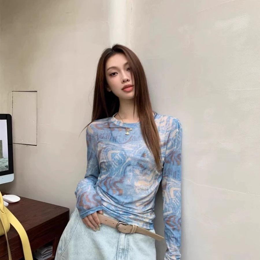 Vintage Batikmuster Dünnes Netz-T-Shirt Damen Frühling-Sommer Designte Nische Sonnenschutz Überwurf Einzigartiges Schickes Oberteil