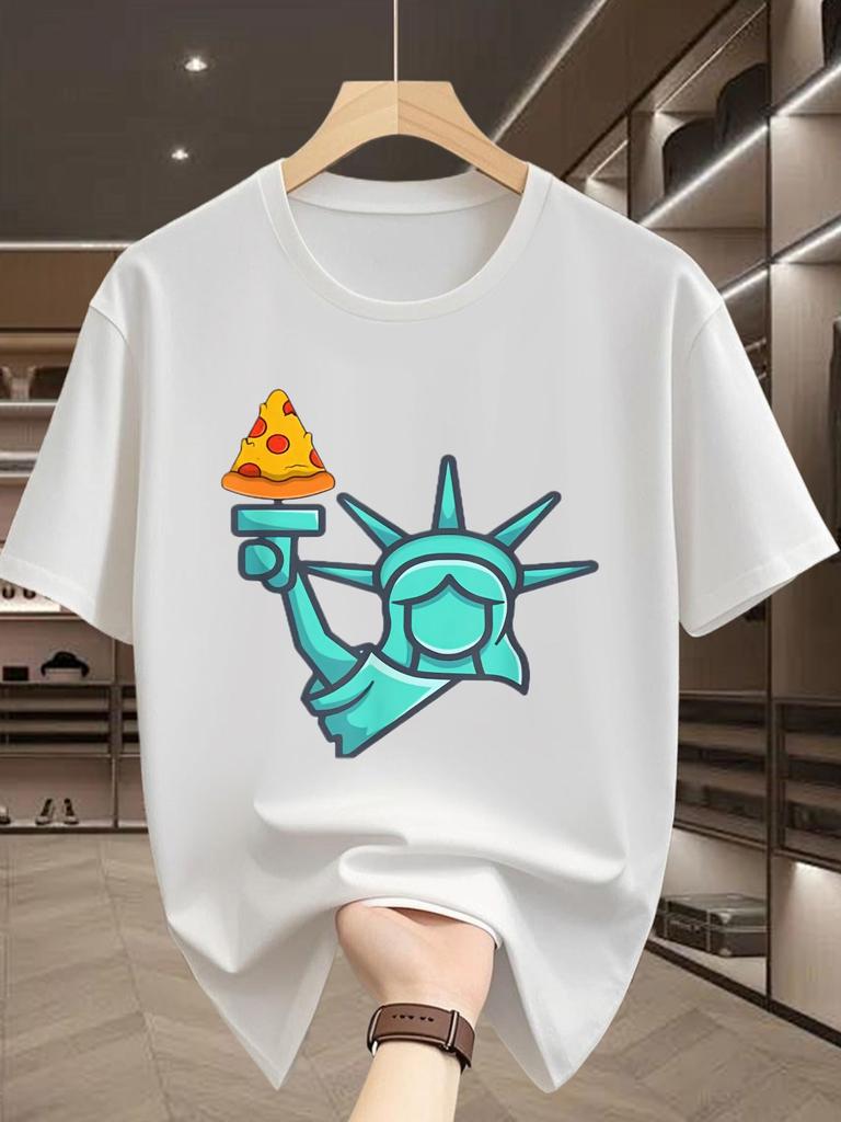 Funny Liberty Statue With Pizza Slice Print Unisexs Short Sleeve Tshirt Crew Neck Food Humor Casual Outdoor Daily Comfort Wear