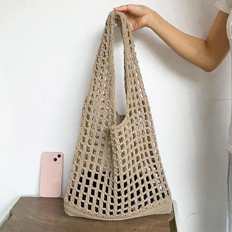 New Trend Women's Bag Crochet Handbag Retro Knitted Solid Color Hollow Top-handle Tote Bag Travel Shopper Shoulder Bag