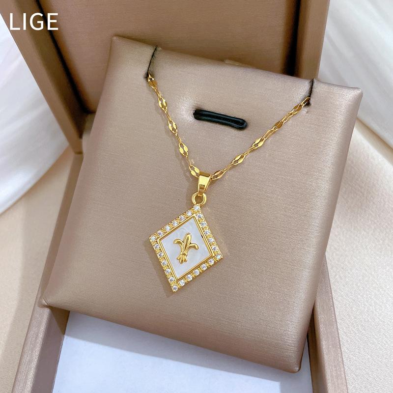 Rhombus Shell Zircon Light Luxury Temperament Gorgeous Full Diamond Necklace Female Versatile Collarbone Chain Titanium Steel Chain