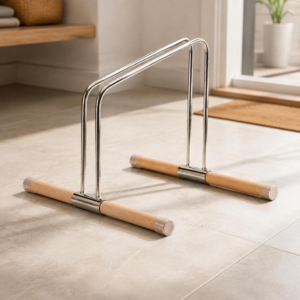 Stainless Steel Bike Stand with Wooden Base Single Wheel Cycle Parking Antigrip