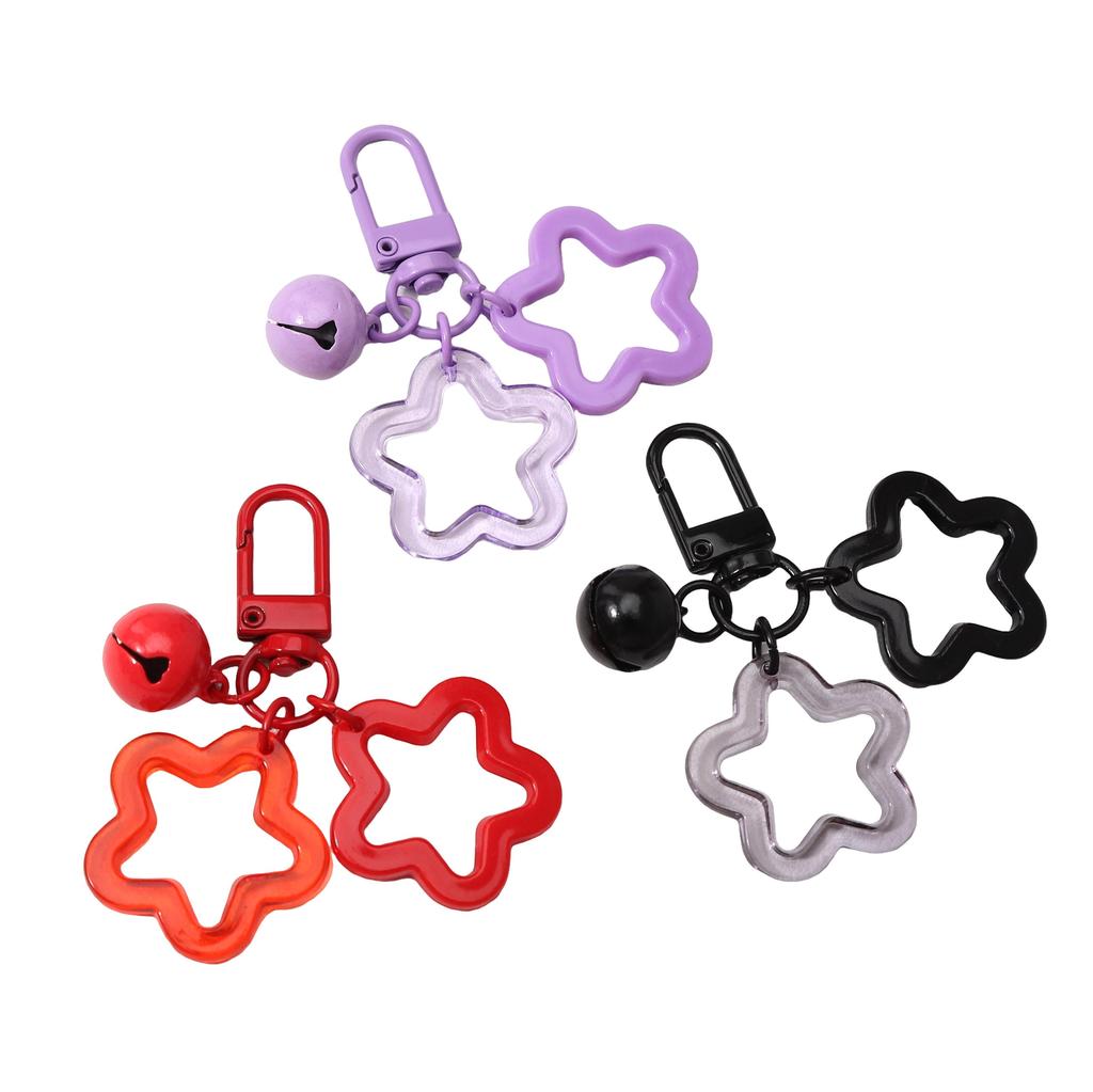 6.5cm Alloy Colored Hollow Out Dual Five Pointed Star Bell Keychain