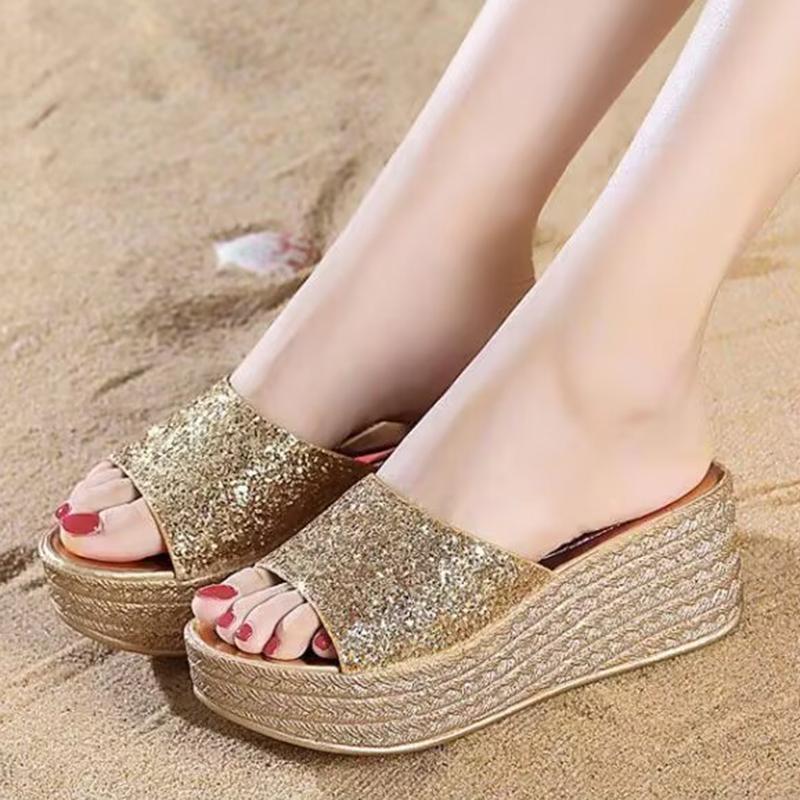 Lucyever Gold Silver Sequins Wedges Slippers for Women 2024 Summer Open Toe Platform Sandals Woman High Heels Slides Ladies 40