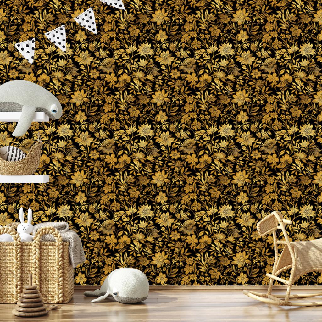 Golden Hibiscus Ochre Wallpaper, Subtle Detail for Living Room and Bedroom 50x1000