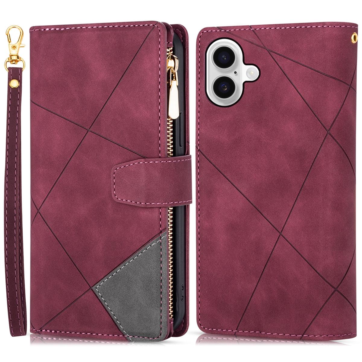 

For iPhone 16 Wallet Case Color Splicing Leather Phone Cover with Stand Red