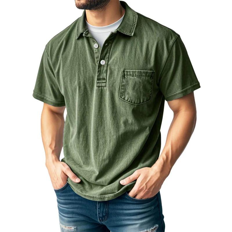 Mens Casual Washed Denim Short Sleeve Polo Shirt With Pocket