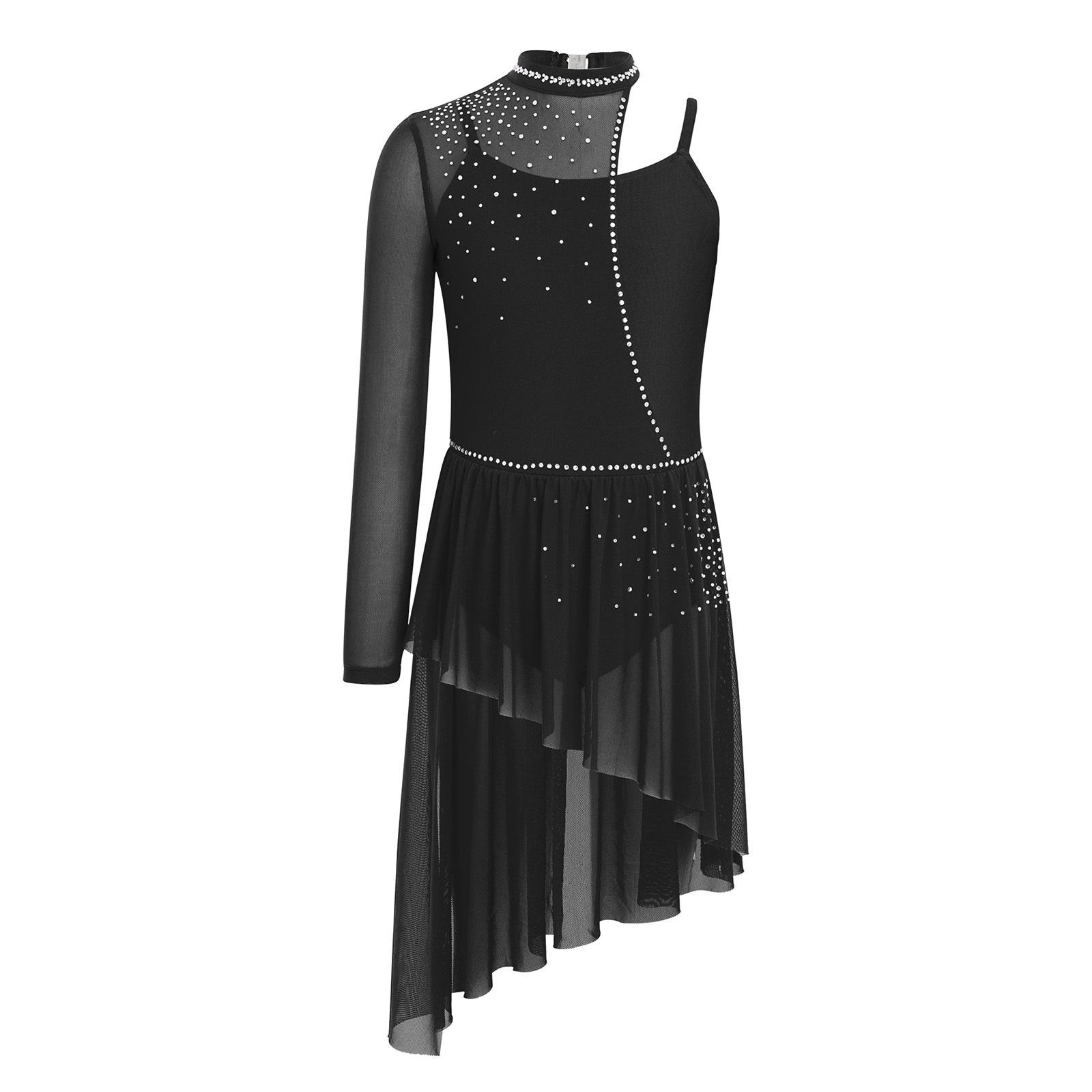 

Girls One Shoulder Long Sleeve Dance Dress Asymmetrical Hem Mesh Patchwork Lyrical Costume 5-6 Years чорний