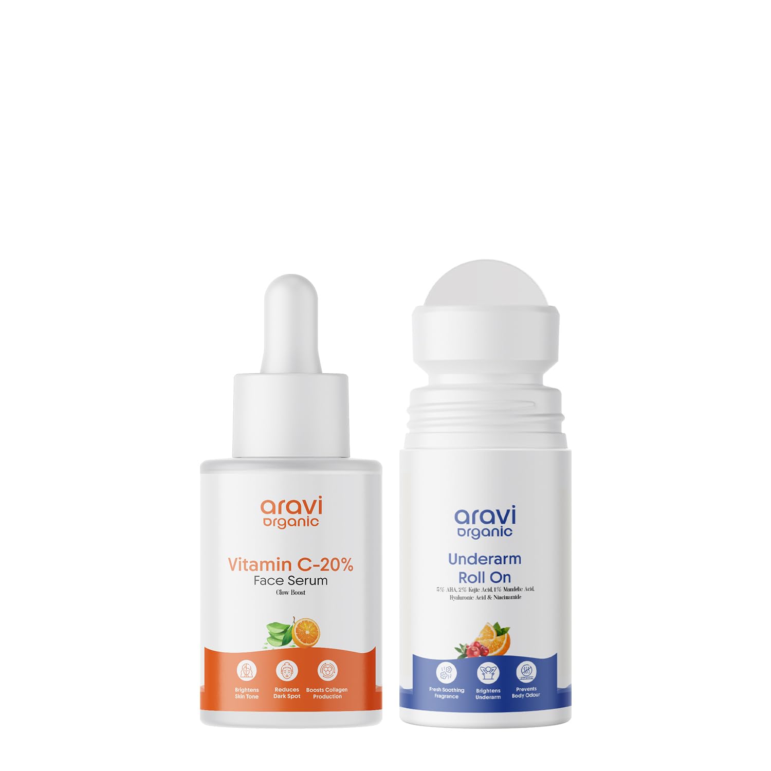Aravi Organic Vitamin C Face Serum + Under Arm Roll On - Brightening & Natural Deodorant Duo