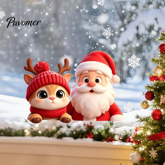 Holiday Glass Stickers Santa Claus Reindeer Window Cling, Christmas Static Sticker Decals for Party, Removable Reusable Decoration Decal Bathroom