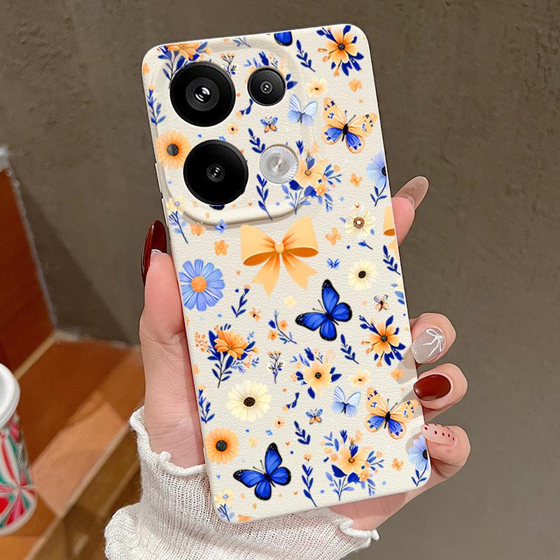 Blue Butterfly Floral Pattern Case For Xiaomi 14T 13T 11T Pro Funda Redmi Note 14 13 12 11 Pro 5G 4G Leather Texture Silicone Cover