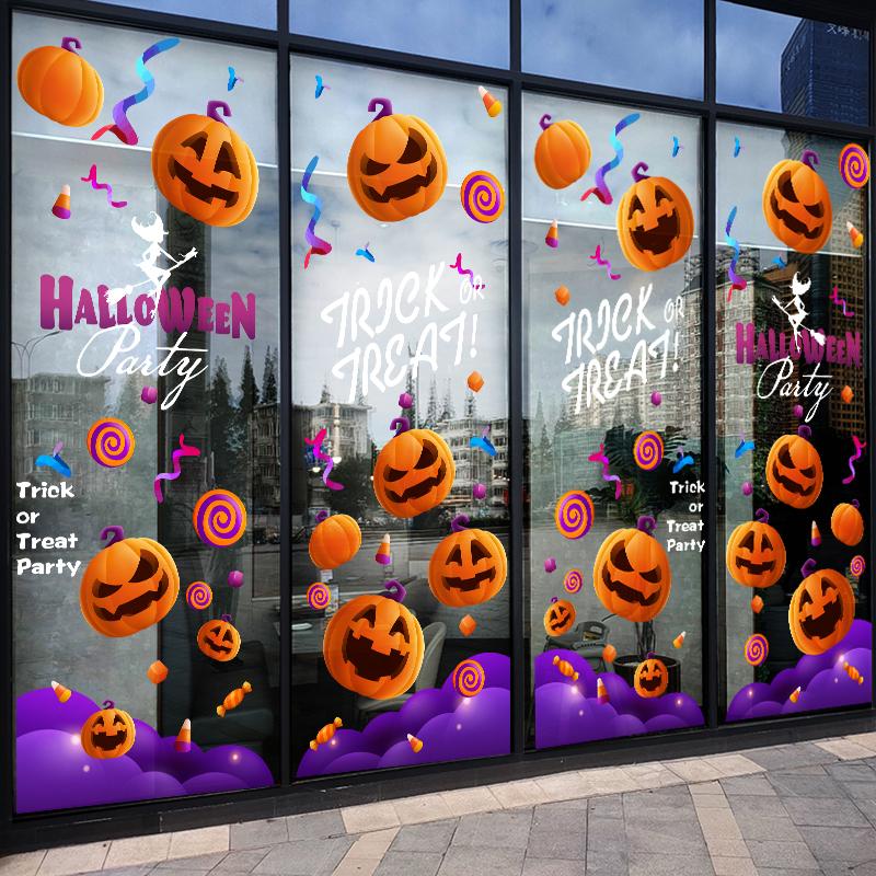 45x120cm Halloween Pumpkin Window Stickers Cartoon Candy Jack-o'-lantern Static Sticker Black Cat Ghost Festival Happy Halloween