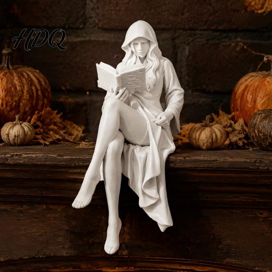 Unique Desk Accessories 3D Printed Ghost Girl Reading Statue, Elegant Faceless Figurine, Minimalist White Modern Table Decor for Shelf Edge,