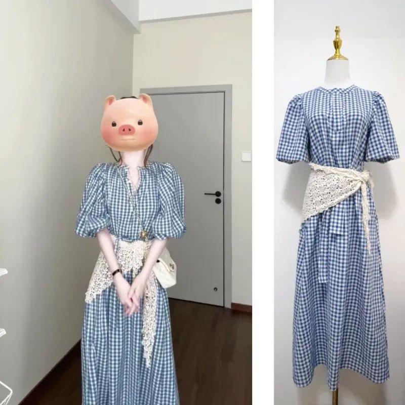 Evnstyle "Holy Island Blue Window" Spring New Mid-Length Nine-Quarter Sleeve Loose Blue Plaid Dress Women