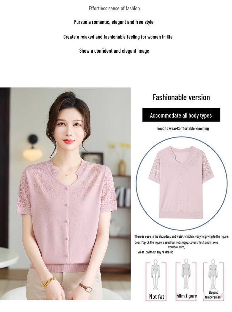 Mom's Chic Summer Knit Top with Frog Buttons - Youthful Short-Sleeved T-Shirt for Middle-Aged and Elderly Women