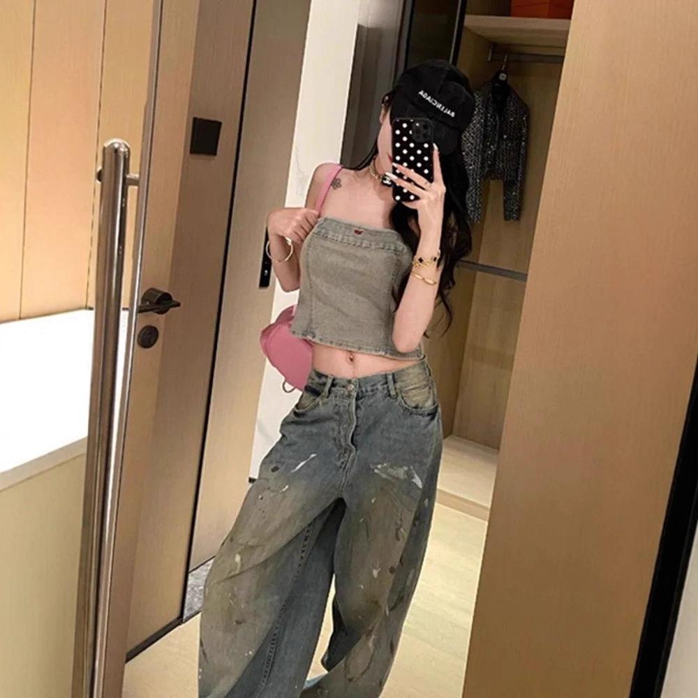 Ink Splash Retro High-Waist Wide-Leg Winter Jeans: Women's Slimming Straight-Leg Pants