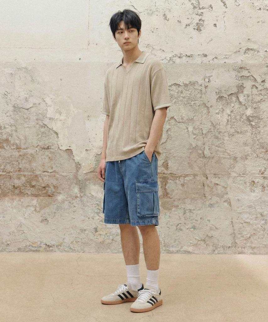 AGOD V-Neck Collared Short Sleeve Knit Shirt [Beige]
