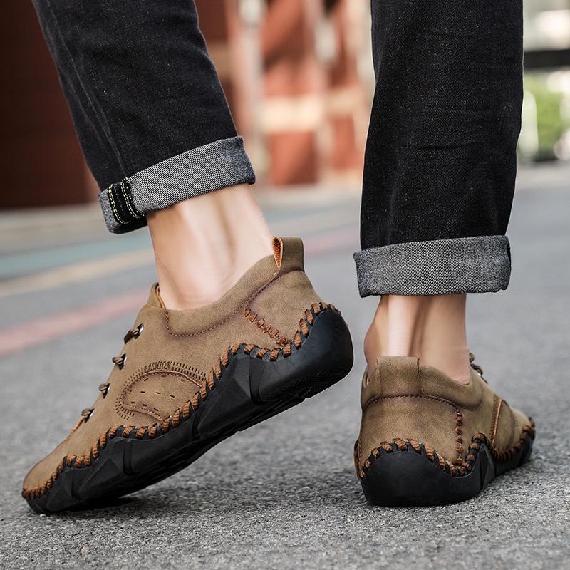 Men Brown Moccasins Hiking Shoes Handmade Black Flats Driving Shoes Casual Wide Head Shoes Plus Size