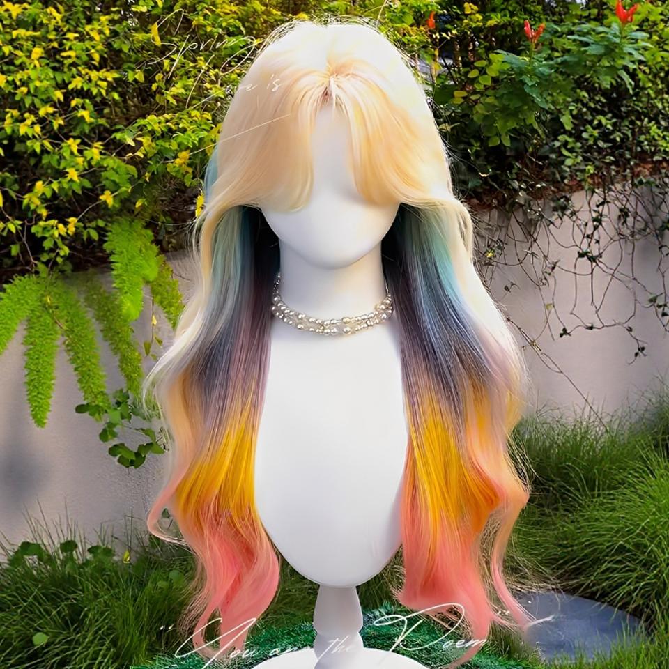 Highlighted Curly Synthetic Lolita Wig for Women Long Curly Wig with Straight Bangs Suitable for Women's Everyday Wear