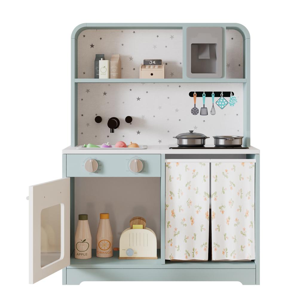 Children's Kitchen with Ice Maker and Microwave, Accessories and Surprise Effects, Gift for Children Aged 3 and Up, Wood + Plastic, Blue, 29x60x81cm