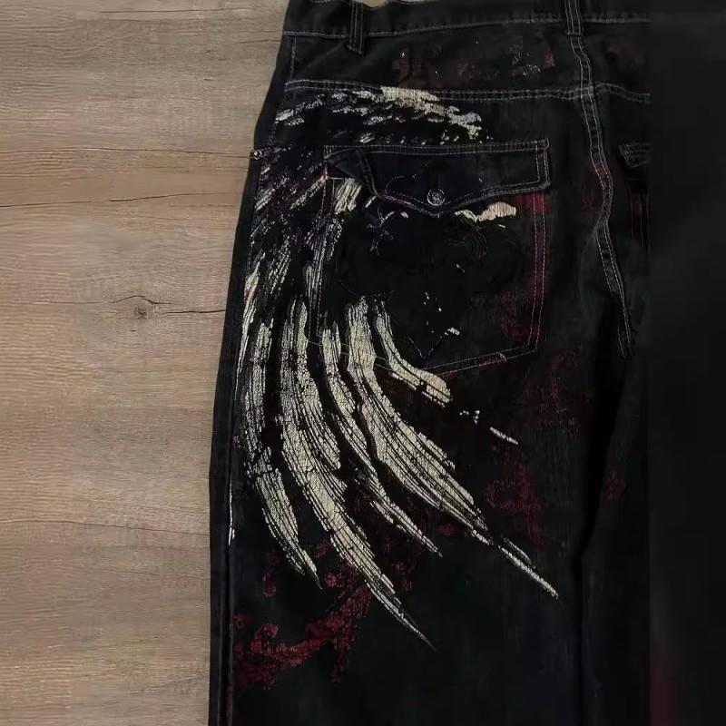Jeans da uomo Y2K Hip Hop Vestibilità Larga Gamba Dritta Denim Con Stampa Ricamata - Cotone Lavato Blu Nero