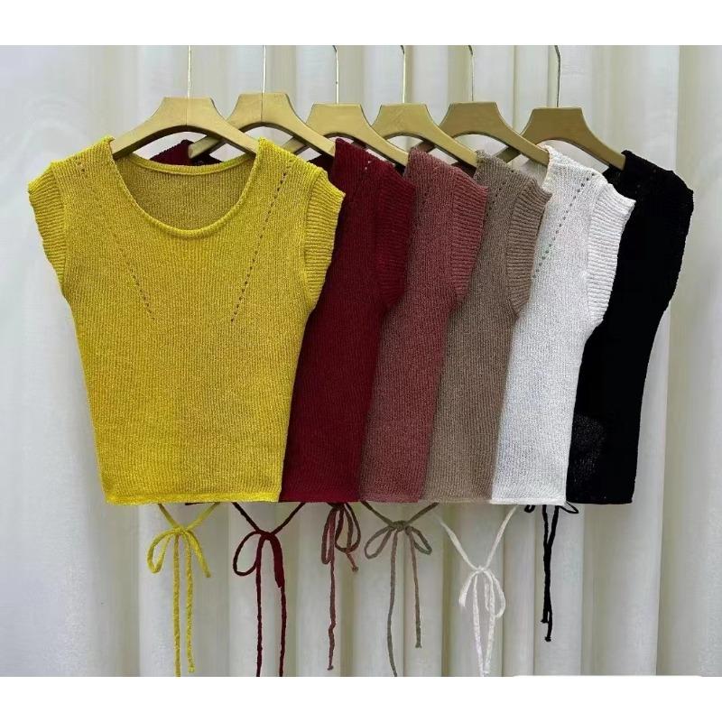 Fashion Summer Thin Ice Silk Women Knitted Sweater Short Sleeved Women's T-shirt O Neck Casual Simple Office Slim Fit Lace-up Elegant Hollow Out Top