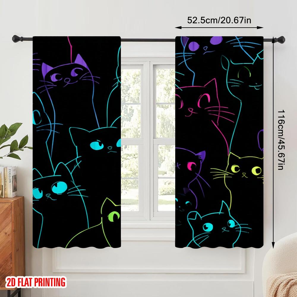 Set Of 2 Flat Printing Window Curtains Cute Black Cats Kawaii Polyester Without Electricity Festive Wall Decor Po Booths Curtain