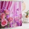 Pink Rose Butterfly Shower Curtain,Flowers And Plants Shower Curtain,Flowers Printed Polyester Fabric Bathroom Decor Curtain