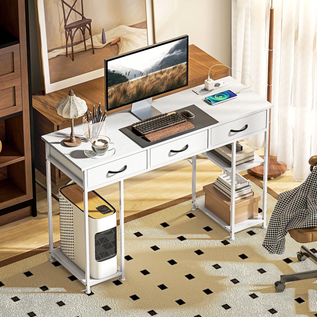 Desk Kitchen Table with 2 USB Charging Ports 2 Power Outlets Adjustable Shelves 3 Fabric Drawers 120x40x76 cm White