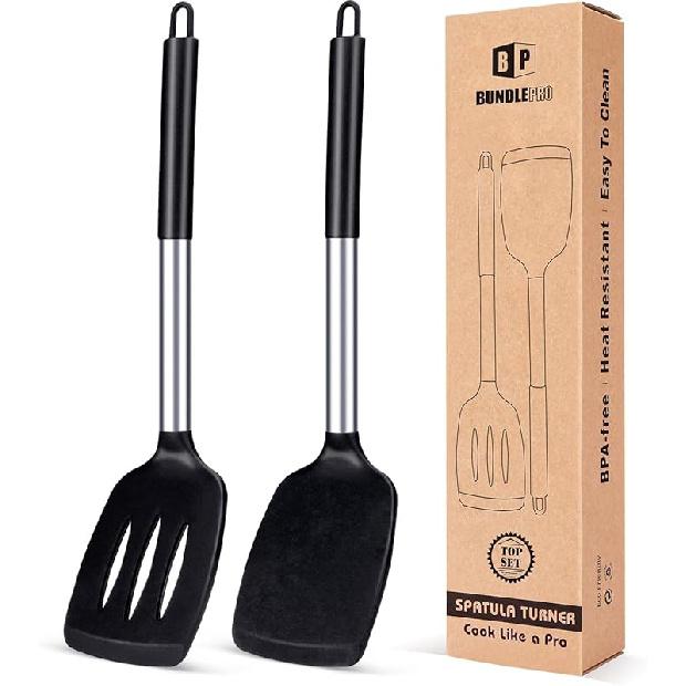 

Pack of 2 Silicone Solid Turner, Non Stick Slotted Kitchen Spatulas, High Heat Resistant BPA, Ideal Cookware for Fish, Eggs, Pancakes(Black) чёрный
