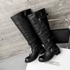 4.5CM Chunky Heel Knee High Boots Women Fashion Wide Calf Pull On With Belt Buckle Versatile Winter