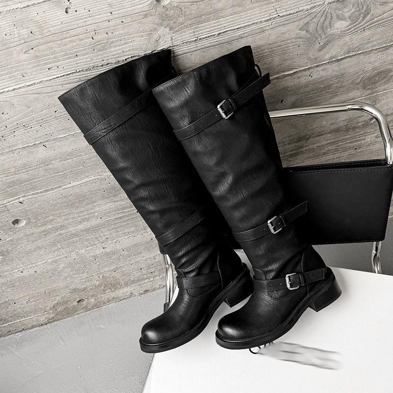 4.5CM Chunky Heel Knee High Boots Women Fashion Wide Calf Pull On With Belt Buckle Versatile Winter