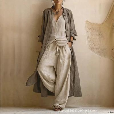 VAYLA Women Casual Loose Long Sleeve 3 Piece Suits Autumn Vintage Solid Street Outfits Sexy V-neck Top + Long Pant + Cardigan Set