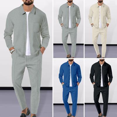 Herren Zweiteiliger Anzug Lässiges Waffelmuster Langarmhemd Kordelzughose Frühling Herbst Outfit fürs Büro