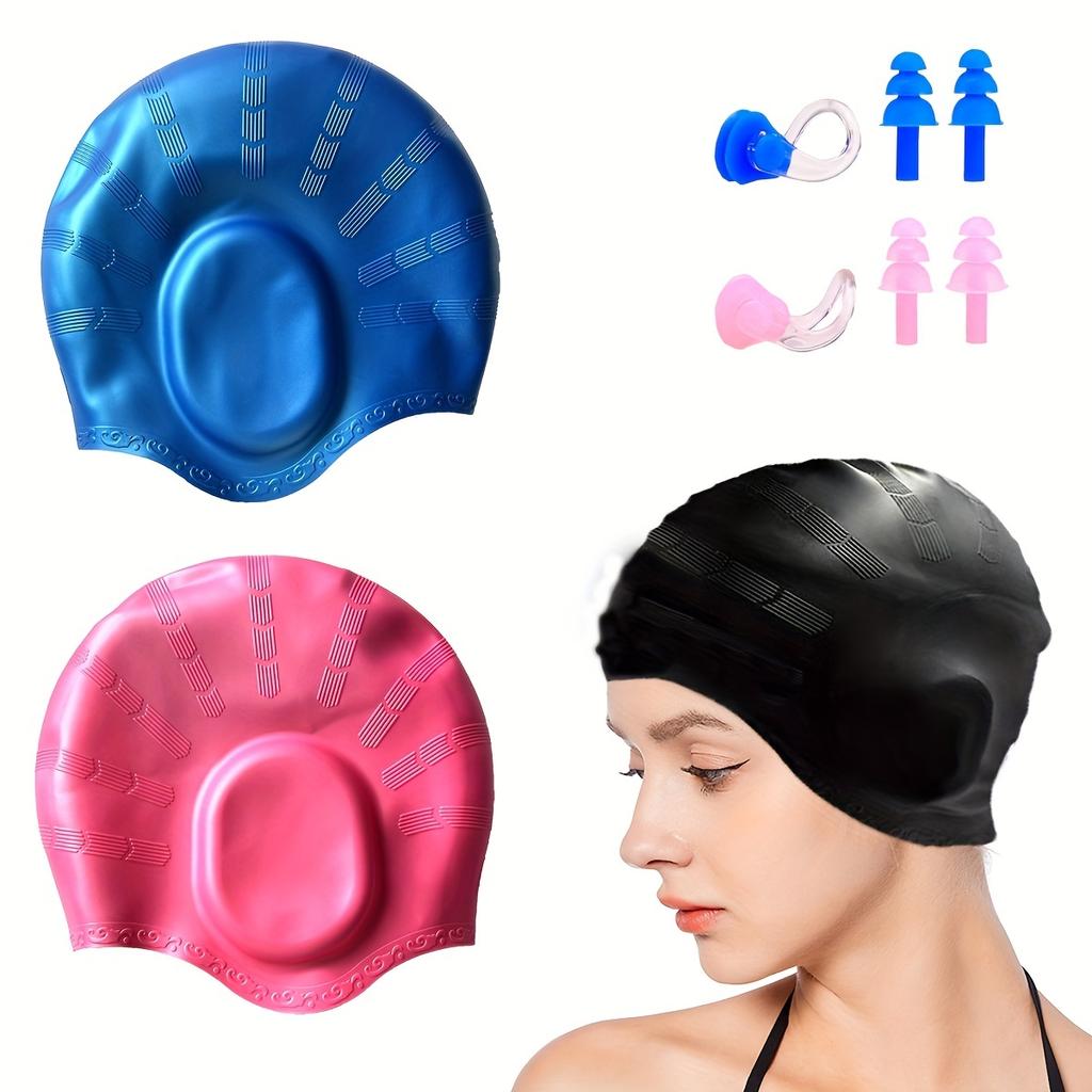 2pcs Silicone Swim Caps with Waterproof, 3D Fit Design for Men & Women with Long Hair, Includes Black & Blue Caps + Earplugs