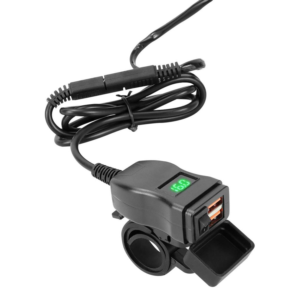 Motorcycle USB Power Adapter Dual Port 18W QC3.0 Fast Charging Port with Voltage Meter Rainproof 12V 24V DC Power for