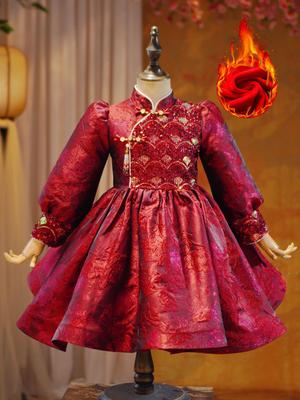 Girls' Velvet Long-Sleeve Warm Princess Dress for Chinese New Year