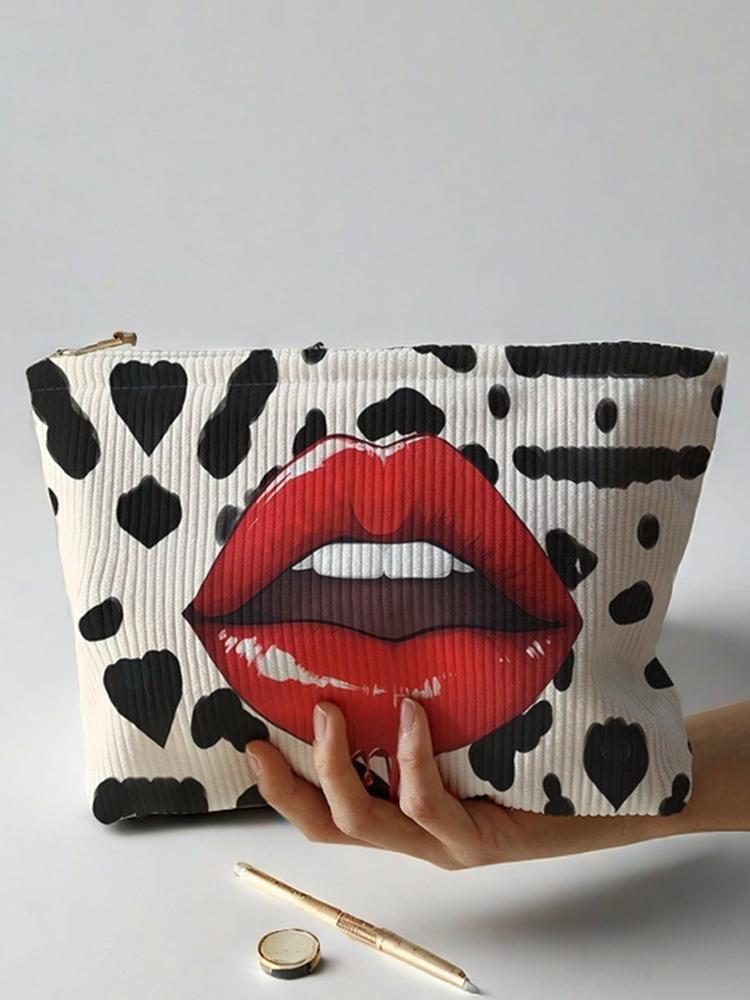 1pc, Sexy Lip Pattern Printed Corduroy Zipper Makeup Bag, Lightweight and Multifunctional Cosmetic Storage Bag