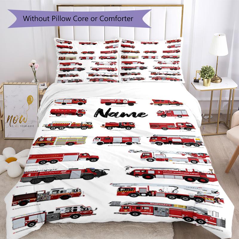 3pcs Custom Name fire truck Bedding Set Duvet Cover Closure Includes 1 Duvet Cover & 2 Pillowcases, Soft and Comfortable for All Seasons.