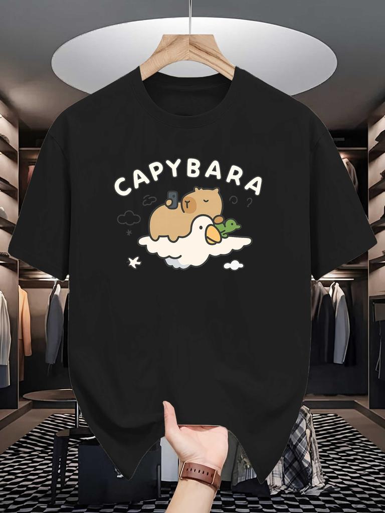 Unisex Crew Neck Tee Kawaii Capybara Duck Cloud Cartoon Print Soft Cotton Loose Short Sleeve Summer Casual Male Streetwear Tops